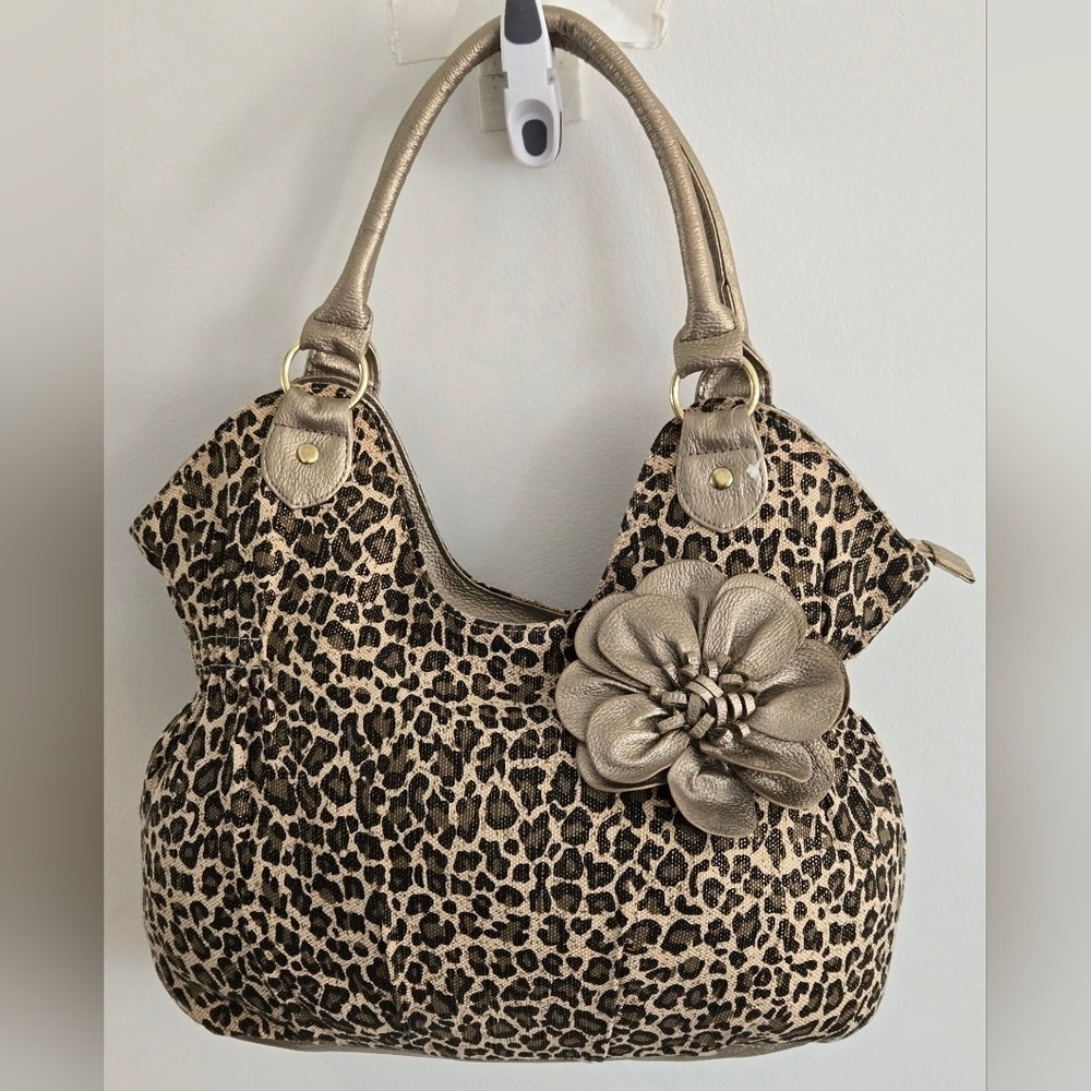 Payless Jute Cotton Vinyl Satchel Handbag Purse Animal Print Gathered Sides